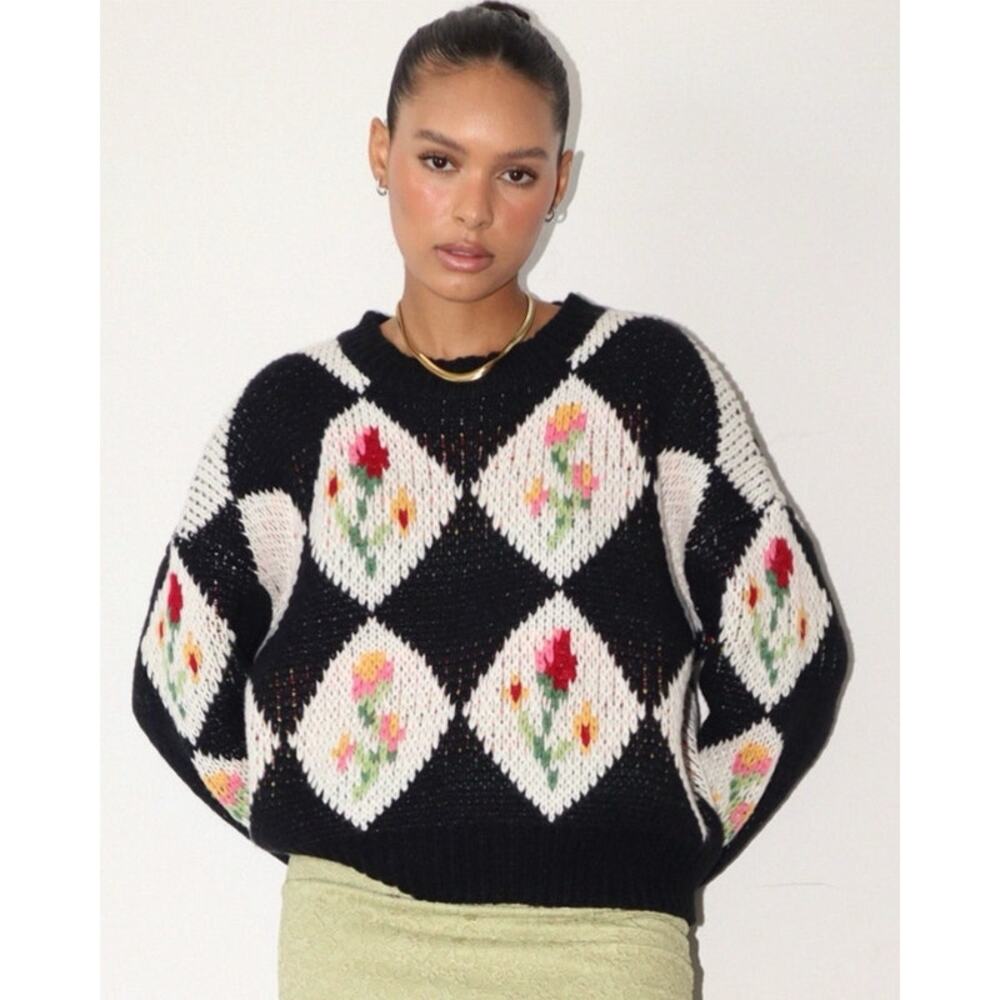 Klesis Argyle Floral Knit Sweater Navy White Diamond Pattern Pullover Small